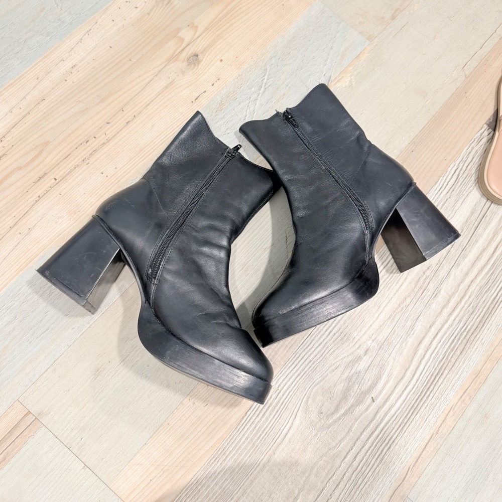 Black Leather Platform Ankle Boots Size 8 Square Toe Chunky Block Heel Zip Up